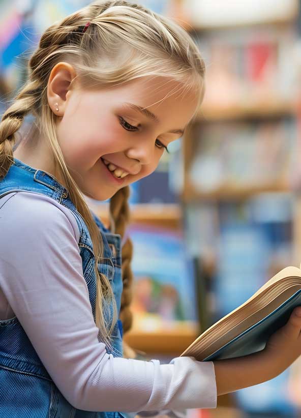 Ein Mädchen liest freudestrahlend ein Buch